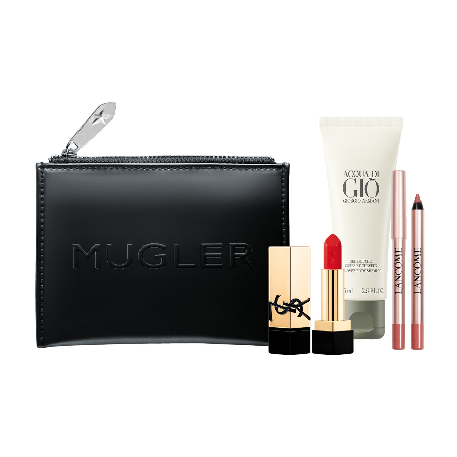 Omaggio esclusivo: pouch Mugler nera, prodotto Acqua di Giò, rossetto YSL e due matite Lancôme
